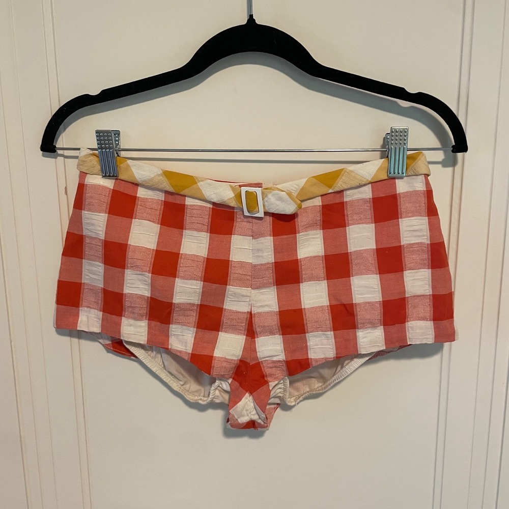 Vintage 1960s Beach Party Gingham Plaid Swim Bottoms High Waisted Size 7